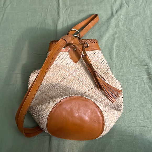 Anthropologie Street Level Boho Backpack Rattan Leather Tassels Circle Bag NWOT - Picture 2 of 10